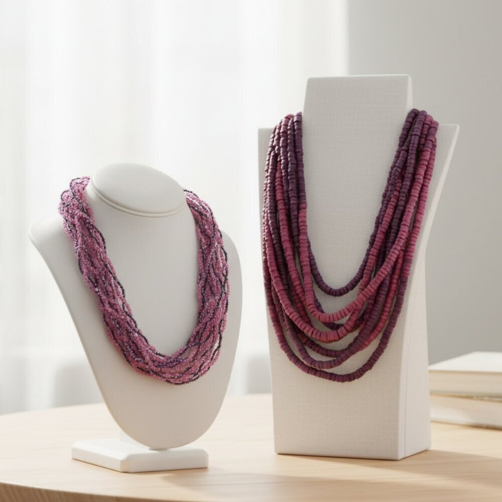 Pink & Purple Glass + Wood Beaded Necklace Set EUC